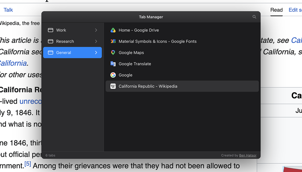 The Tab Manager overlay showing windows in a sidebar and tabs in a list