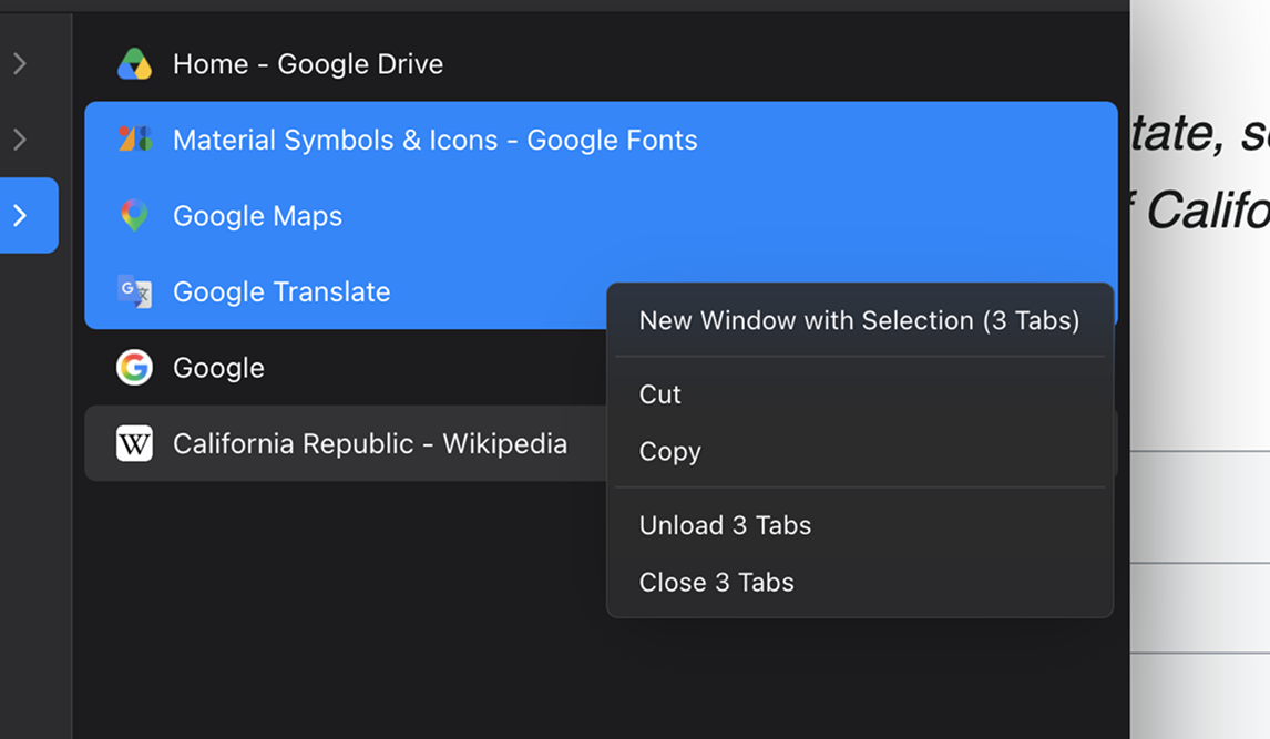 Context menu creating a new window with the selected tabs