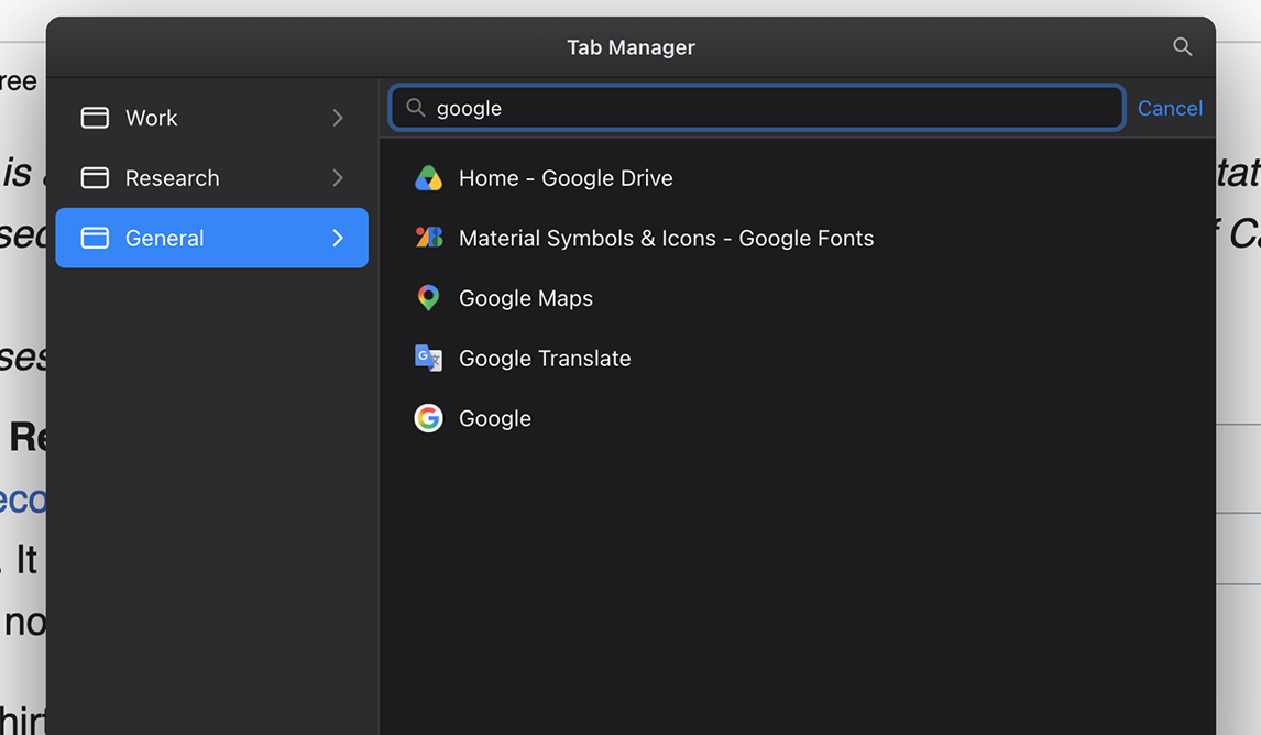 Searching tabs with a live-filtered list